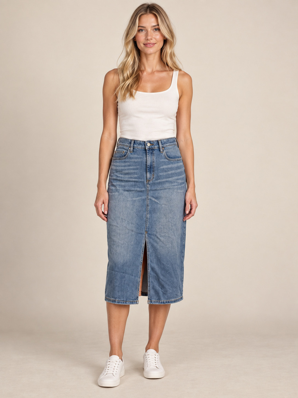 2/$30 Lands' End Denim Midi Skirt Front Slit 16 #A6066